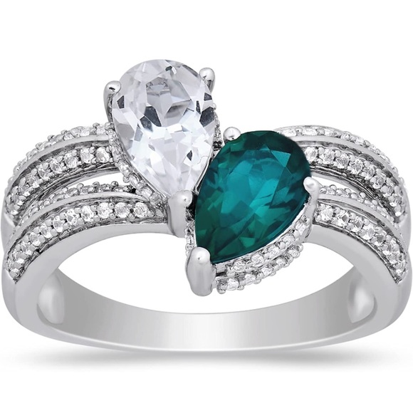 18k Toi et Moi Pear Cut Emerald Sapphire Ring - Picture 1 of 7